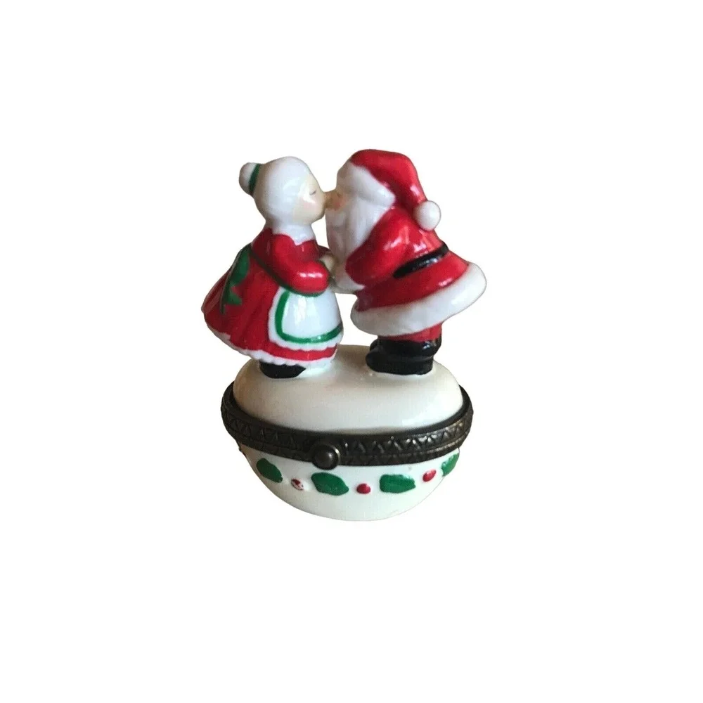 Midwest Trinket Box Red Santa and Mrs Claus Kissing Christmas Hinged Porcelain